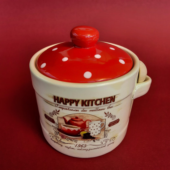 Посуда для меда с деревянной ложкой "Happy Kitchen" (h-8,5см, d-10см, об-м-420мл)