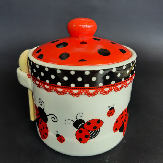 Dishes for honey with a wooden spoon "Ladybug" (h-8,5cm, d-10cm, ob-m-420ml)