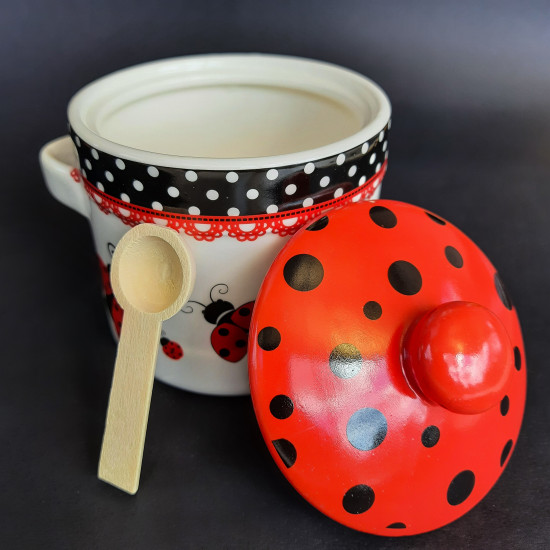 Dishes for honey with a wooden spoon "Ladybug" (h-8,5cm, d-10cm, ob-m-420ml)