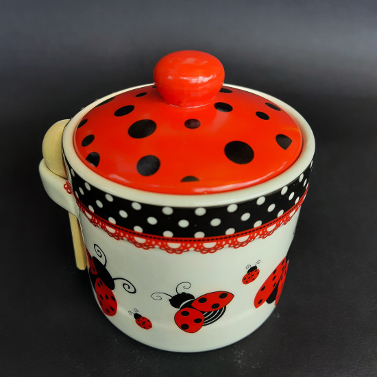 Dishes for honey with a wooden spoon "Ladybug" (h-8,5cm, d-10cm, ob-m-420ml)