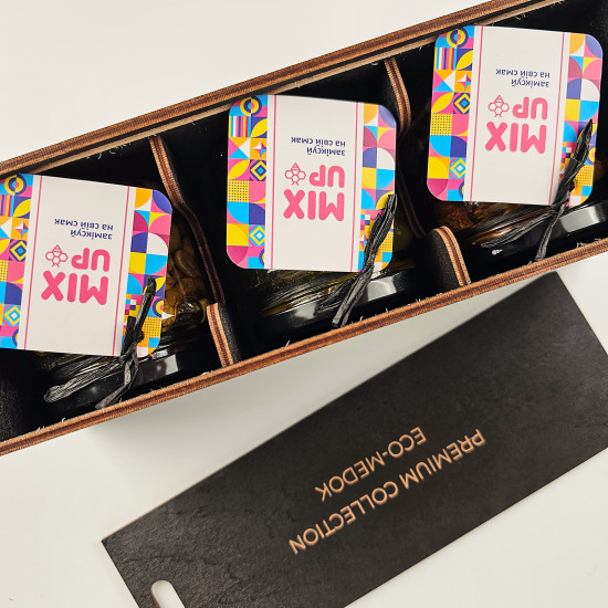 Преміальний подарунковий набір меду MIXUP у дерев’яній коробці (3 десерти)