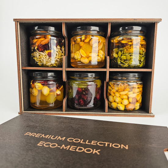 Premium gift set of MIXUP honey in a wooden box (6 desserts)