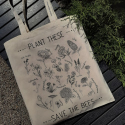 Сумка-шоппер "Plant These, Save the Bees", бежевая, черные цветы, ЭКО-МедОК