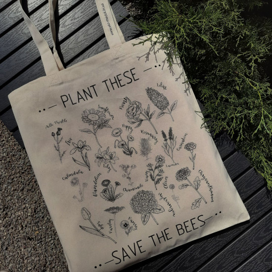 Сумка-шоппер "Plant These, Save the Bees", бежевая, черные цветы, ЭКО-МедОК