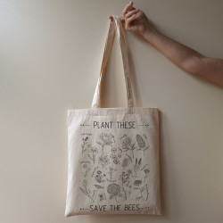 Сумка-шоппер "Plant These, Save the Bees", бежевая, черные цветы, ЭКО-МедОК