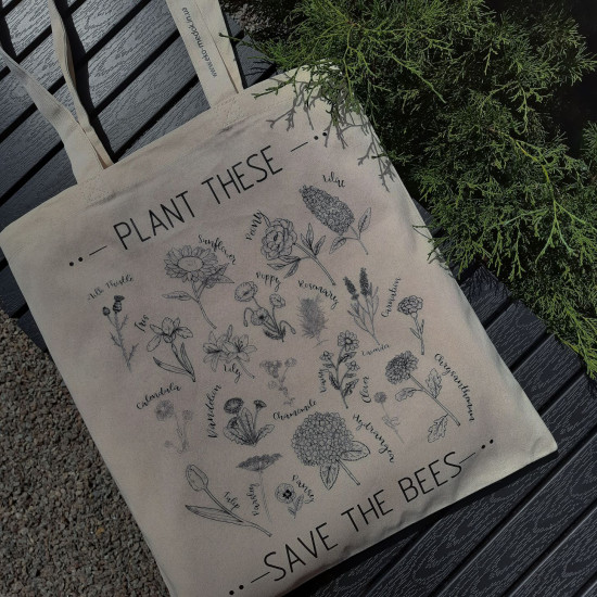 Сумка-шоппер "Plant These, Save the Bees", бежевая, черные цветы, ЭКО-МедОК
