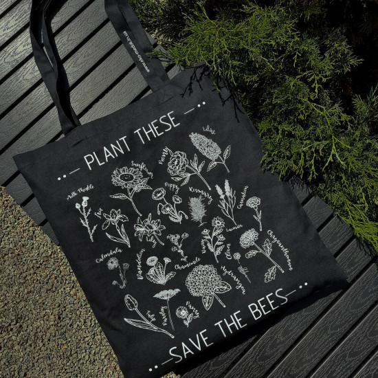Сумка-шоппер "Plant These, Save the Bees", черная, ЭКО-МедОК